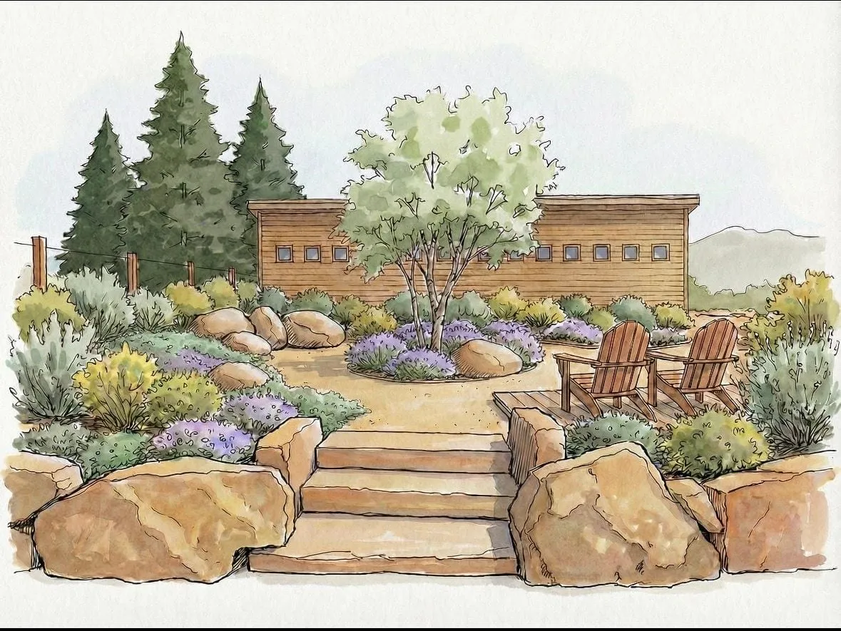 Custom watercolor landscape design rendering for a Colorado xeriscape